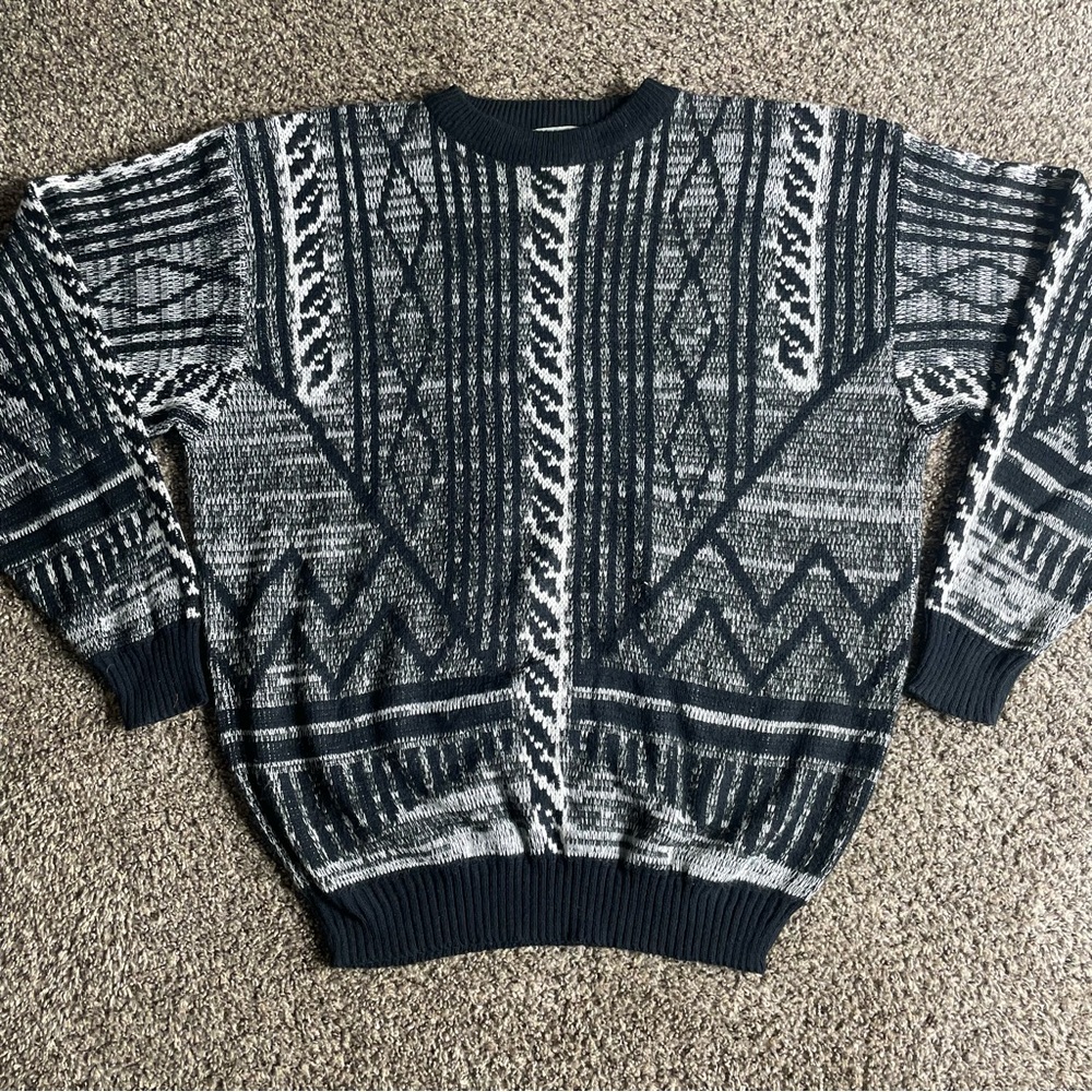 Vintage 80s Black & White Geometric Acrylic Sweater Size 2XLT